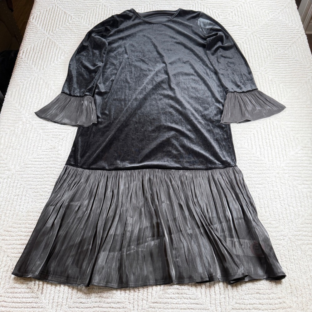 FRIFUL Velvet Dress Women's XL Black Gothic Pleated Ruffle Whimsigoth Dark Glam